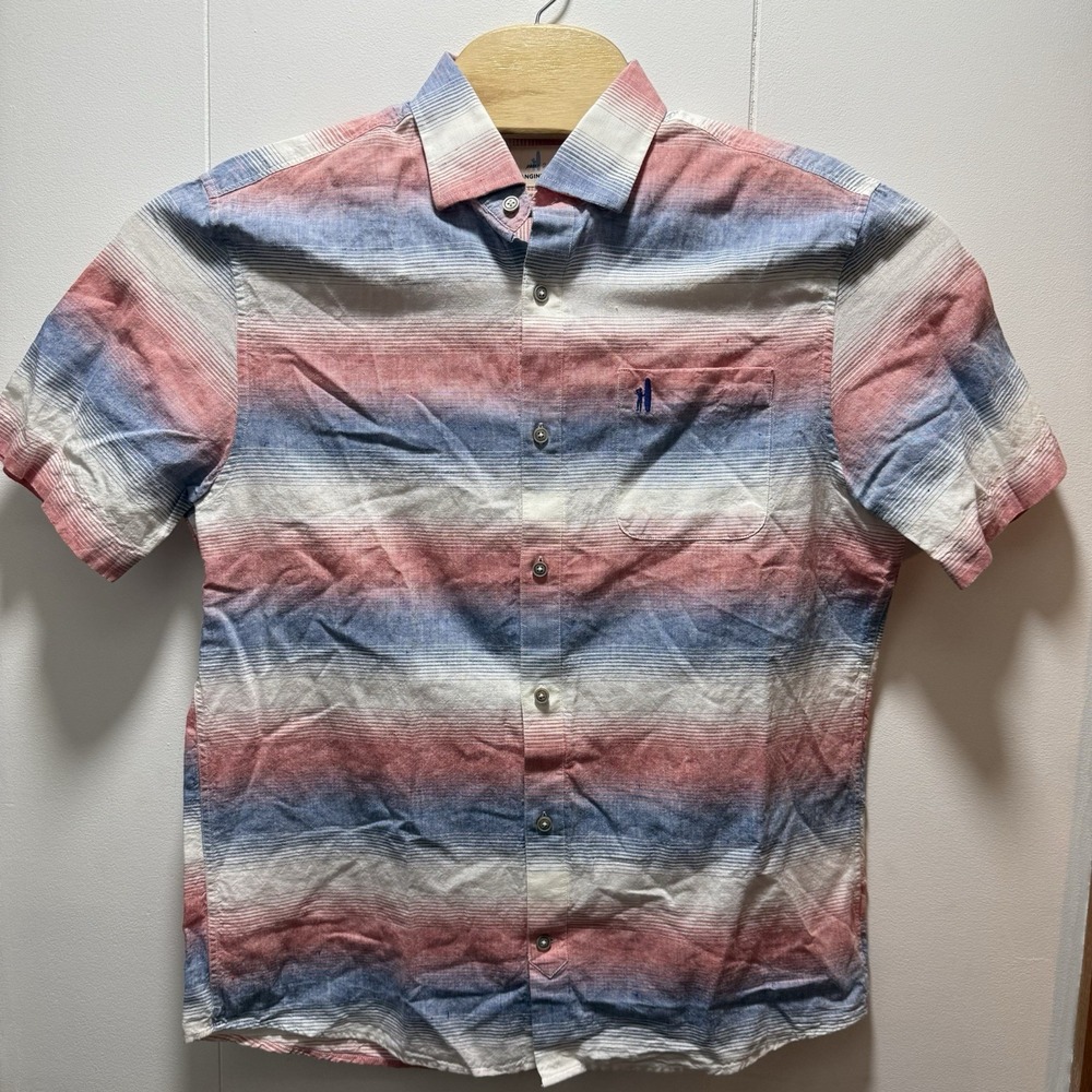 Johnnie-O Shirt Size Medium Red White Blue Button Down Linen Blend Short Sleeve